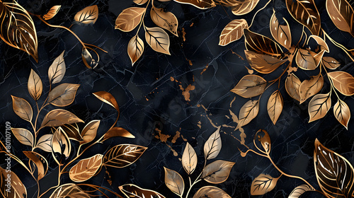 Luxury floral pattern with hand drawn leaves. Elegant astract marble background. Generative AI.