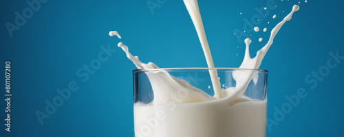 A close-up of a glass filled with fresh milk. A stream of milk is pouring into the glass, creating a splash and splash. Blue background
