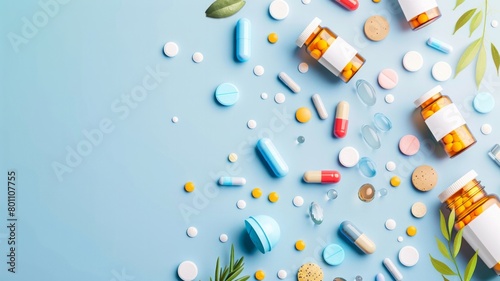 A blue background with a bunch of pills scattered around it