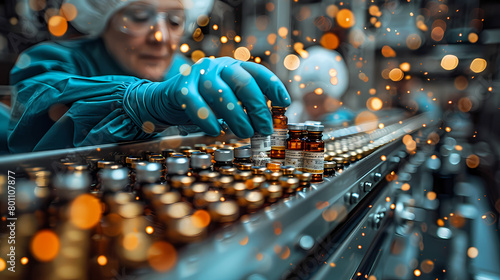 pharmaceutical scientist wearing sterile gloves inspects medical vials on a production line conveyor belt in a drug manufacturing facility
