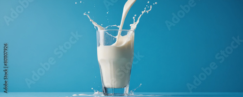 A close-up of a glass filled with fresh milk. A stream of milk is pouring into the glass, creating a splash and splash. Blue background