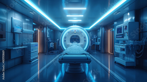 High-tech medical imaging room hospital room with an advanced MRI scanner