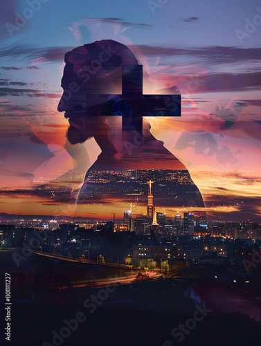 Double exposure image of Jesus Christ, Christian cross and night city