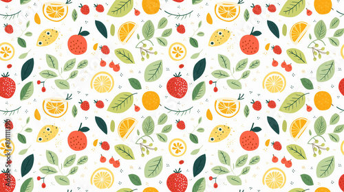 A seamless pattern of hand-drawn fruits and leaves.