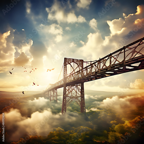 a vintage iron bridge amidst fluffy cumulus clouds