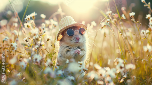 A pretty fluffy hamster in a hat and sunglasses in a meadow among wildflowers