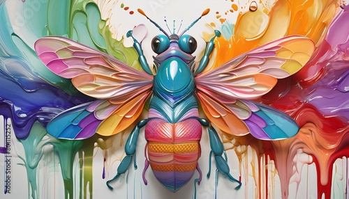 Abstract bright coloured paint splashing shape of bug or beetle