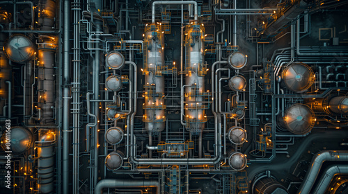 An intricate aerial shot of a chemical plant glowing with lights at night, showcasing the complexity of its pipelines and equipment.