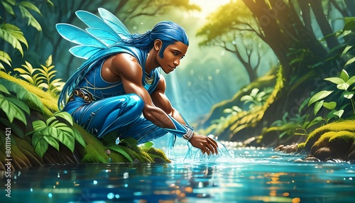 A water sprite, human-like but with translucent blue skin, restoring a polluted river to its