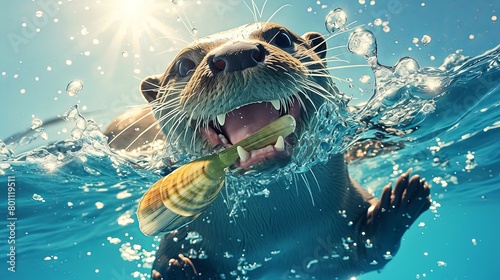 A delighted otter swimming underwater, catching a clam in its mouth, with a joyful face, oversized eyes, adorable, photography, blue water, sunny, mobile phone wallpaper 