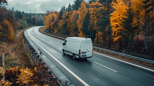 A delivery van overtaking on a highway, rear curtain sync highlighting the efficiency of motion, editorial photography 
