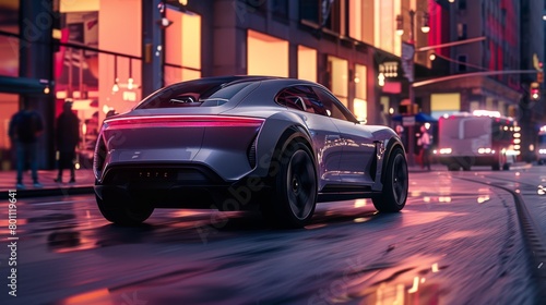 A futuristic electric vehicle overtaking on a city street, rear curtain sync highlighting the dynamic motion effect, editorial photography 