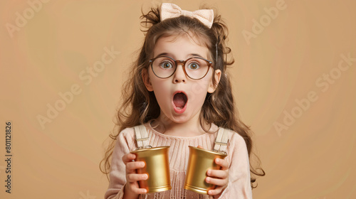 Surprised little schoolgirl receiving gold cups 