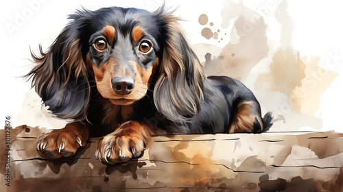 A watercolor painting of a long-haired black and tan miniature dachshund looking up with big brown eyes.