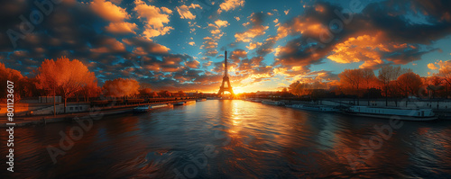 Aerial perspective of Paris during the Olympic Games, showcasing the city's iconic landmarks and venues .Header.Eiffel Tower reflected in water at sunset in Paris, under a cloudy sky