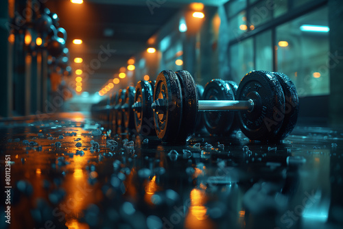 Detailed view of intricate sports equipment, highlighting the precision and skill required in each event .Dumbbells on wet gym floor reflect in liquid darkness