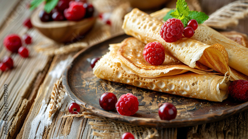 Tasty blini with berries on table