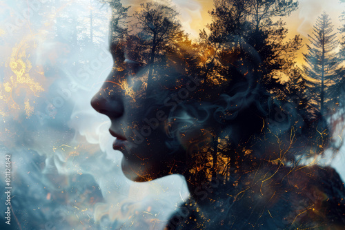 Double exposure portrait of a young woman in the forest at sunset.
