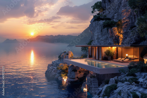 Beautiful luxury villa on the cliff above the sea at sunset