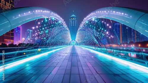 futuristic bridge with luminous arches over the river, featuring modern architecture and city lights.