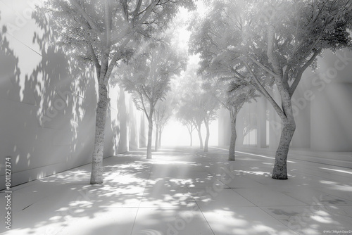Image of an alley with white trees with a white wall and floor. White abstract urban background.