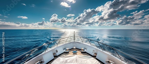 view from the bow of a luxury yacht, sea horizon with blue sky and clouds.