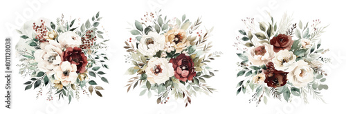 Decorative floral bouquet triptych illustrations