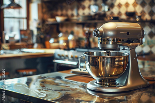 A retro-style food processor with a chrome finish, adding a vintage touch to the kitchen.