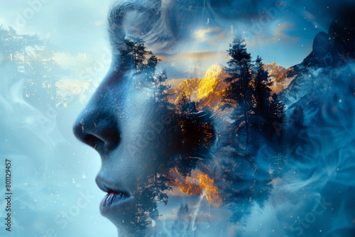 Double exposure of beautiful woman face and nature landscape.