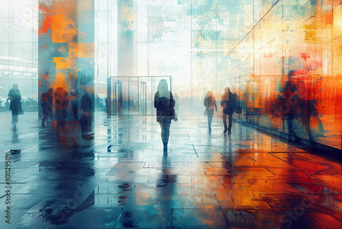 Silhouettes of people walking in the city. Digital composite.