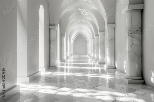 White corridor with columns and marble floor.