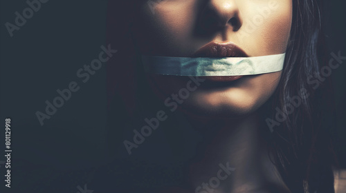 Woman mouth sealed with tape, on dark background with space for text, Freedom of expression concept