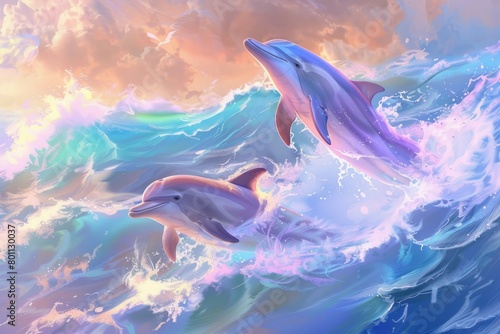 Playful dolphins emerging from soft pastel hues of a vibrant ocean, splashing through magical waves at sunset