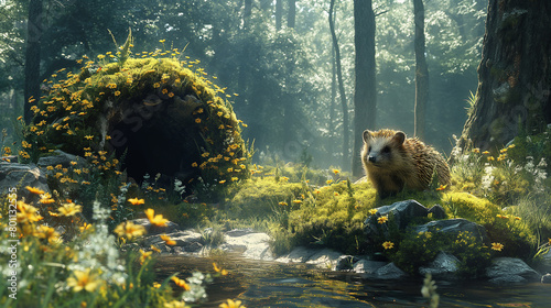 A sunny green summer forest with a small clear river, yellow flowers, mountain stones and a hedgehog in the sunshine. A large burrow covered with green grass and yellow flowers. Illustration. Horizont