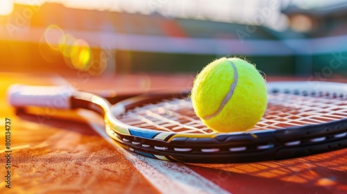 Tennis ball on racket in warm sunset light