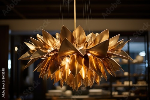 A luxurious gold chandelier is suspended from the ceiling, adding a touch of opulence to the room. Generative AI
