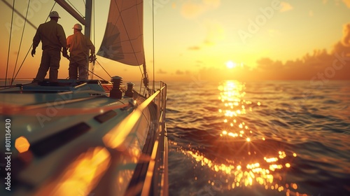 A sailboat is sailing in the ocean with the sun setting in the background. Two men are on the boat, one of them is wearing a yellow shirt