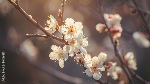 Apricot flowers on a tree, in the sunlight,Blooming tree in the gardenS elective focus nature, flowering cherry branch taken against the background of a blurry silhouette of a girl