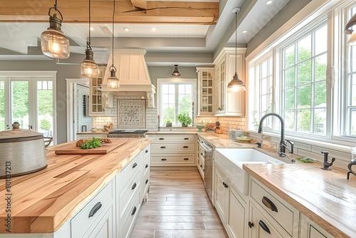 Coastal farmhouse kitchen with whitewashed cabinets and butcher block countertops.