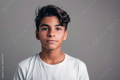 Portrait of a young handsome Latino teenager in a white t-shirt against a gray wall.