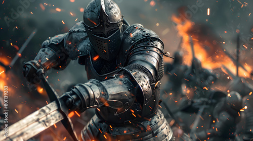 An armored knight wielding a sword amidst a raging battlefield, charging into battle with determination. Epic shot.