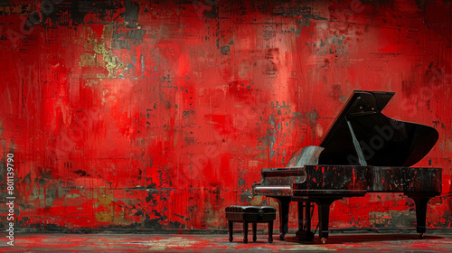  A grand piano before a red wall Chair and stool in front