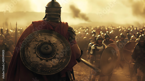 A Roman legionnaire leading his troops into combat, shield raised high, amidst a sea of adversaries. Epic shot.