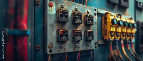 Close-up view of electrical panels with knobs and buttons for settings and many electronic components