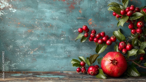  A red apple rests atop a weathered wooden table Nearby, a branch displays vibrant leaves and plump red berries