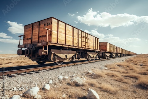 A goods train travels down train tracks in the middle of a desolate landscape. Generative AI
