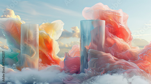 Surreal landscape with candy-like clouds and glossy, cylindrical structures amidst a dreamy sky. Vibrant colors suggest a digital artwork.