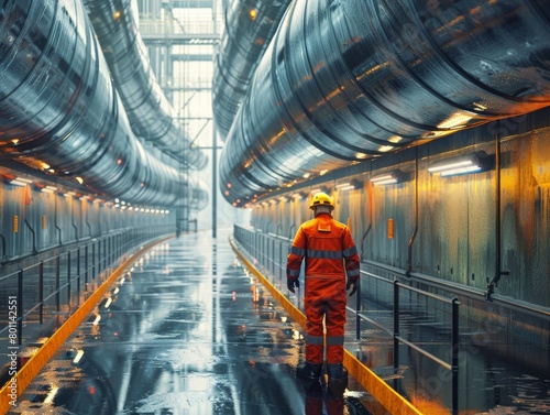 A man in an orange safety suit walks through a long, narrow tunnel. The tunnel is wet and the man is wearing a yellow helmet