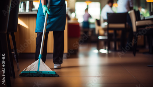 A cleaning lady sweeping the floor of a restaurant with a broom and dustpan