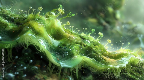 Close-up of a green algae growing on a rock in a tide pool.